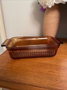 Vintage Anchor Hocking Amber Glass Ribbed Baking Casserole Dish Loaf Pan